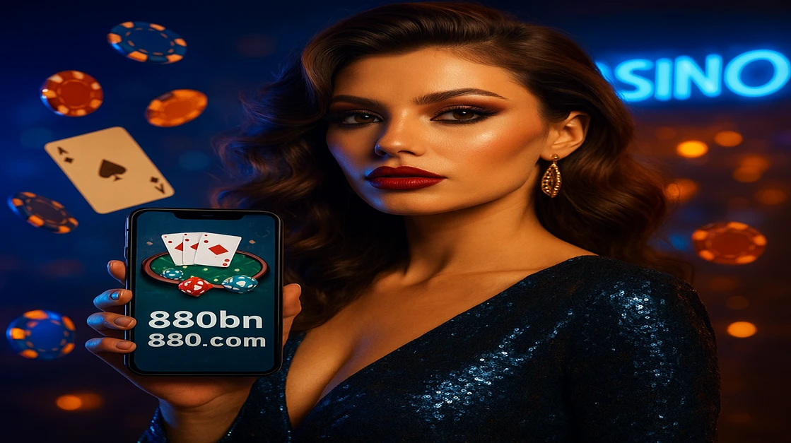একজন নান্দনিক নারী, চকচকে সোনালি পোশাকে, একটি স্মার্টফোন ধরে আছেন যার পর্দায় উজ্জ্বল লাল 'লগইন' লেখা দেখা যায়; চারপাশে সোনালি আলো ও মুদ্রার বর্ষণ, bn880-এ আপনাকে স্বাগতম জানাচ্ছে।